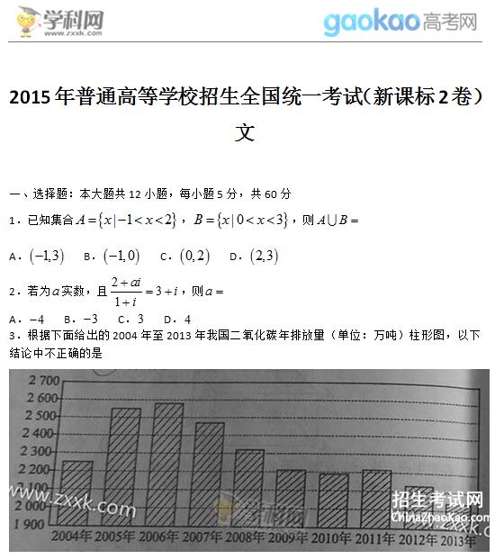 2015年宁夏高考数学（文）试题