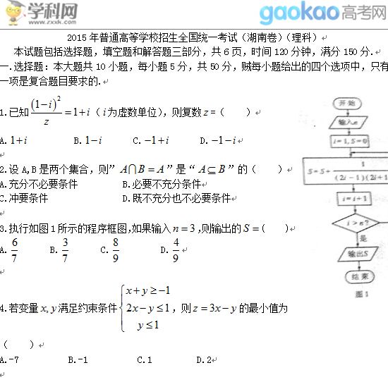 2015年湖南高考数学（理）试题